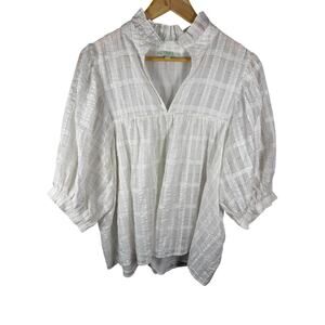 JADE White Metallic Ruffle Neck Puff Sleeve Top Large